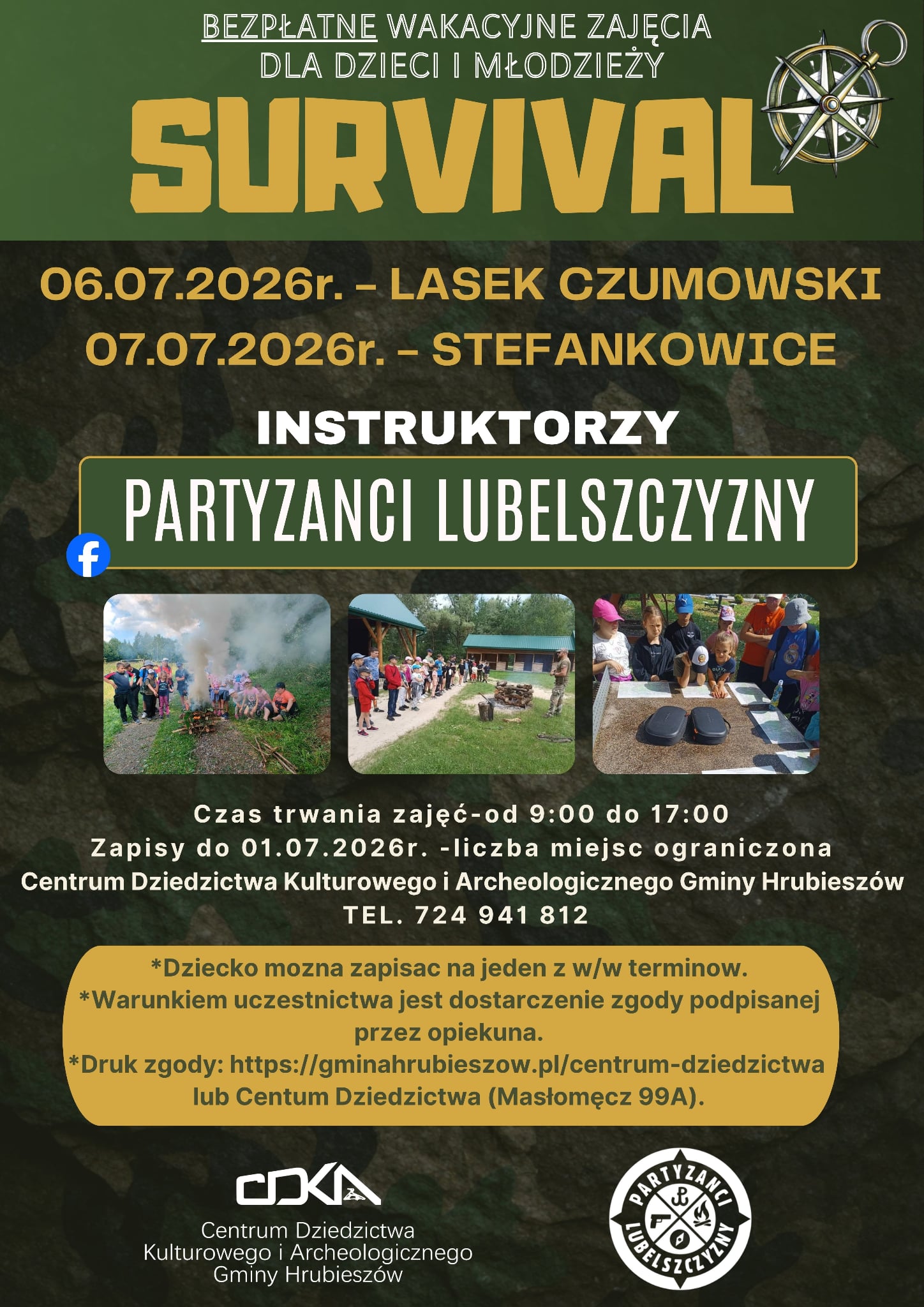 Grafika przedstawia na zielonym tle napis survival Lasek czumowski, Stefankowice, sa wskazane daty i logo CDKiA oraz Partyzantów Lubelszczyzny, wskazane są również wytyczne dotyczące zapisów na wakacyjne zajęcia z survivalu